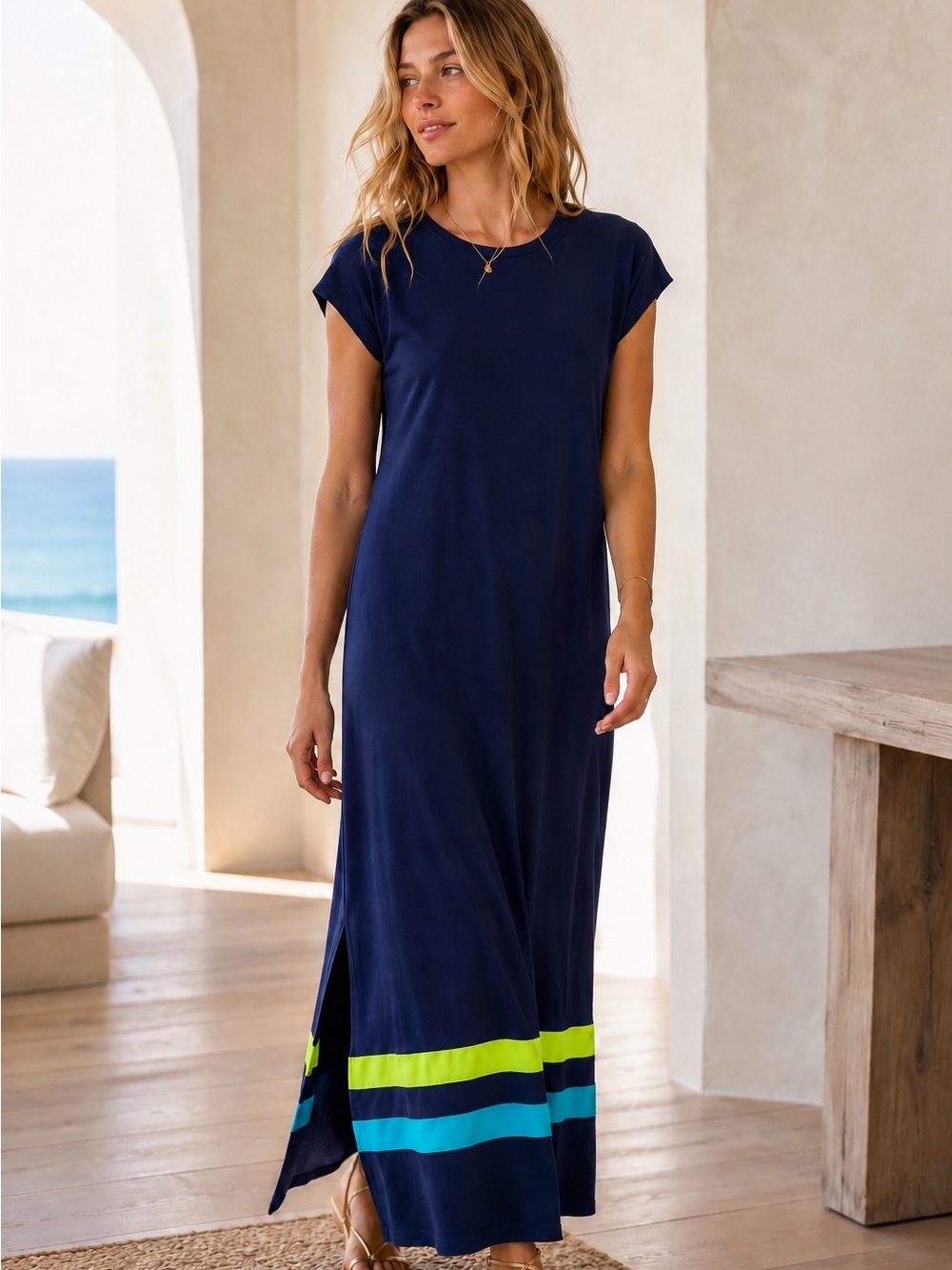 Lisa Todd Mesher Mesh Stripe Cotton Maxi Dress Navy Blue Pima Cotton Size M